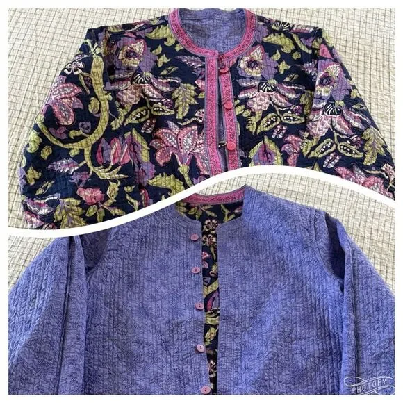 Reversible Women Floral Textured Quilted Jacket Size L Pockets Both Sides P2P 22 - Picture 2 of 12